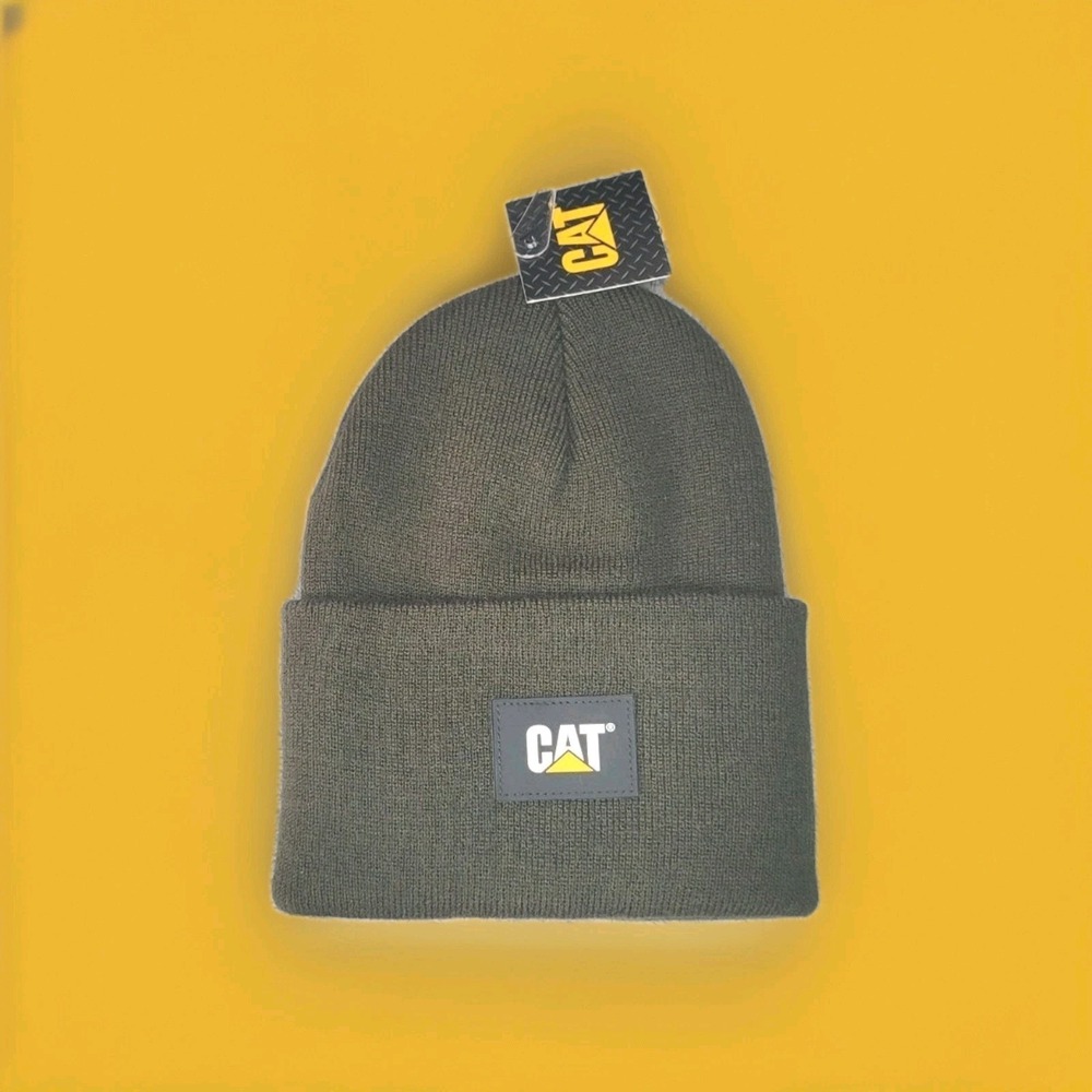 Caterpillar Logo CAT Army Green Cuffed Beanie Cap Hat Officially Licensed OSFM